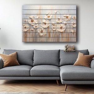 Wood Wall Art - Abstract White Flowers Natural Wood Print, Floral Print on Wood, Flowers on Wood, Floral Wall Art, Rustic Wall Decor
