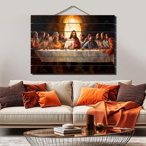 Holzwandkunst - Letzte Abendmahl inspirierte Wandkunst auf Holz gedruckt, rustikale religiöse Wandkunst, religiöse Malerei, Wanddekoration der biblischen Szene