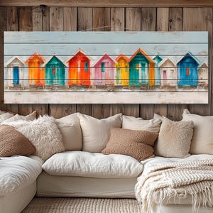 Colorful Beach Houses Painting Printed on Natural Wood, Abstract Beach Wall Art, Rustic Nautical Art, Beach Cabin Wall Decor, Wood Wall Art