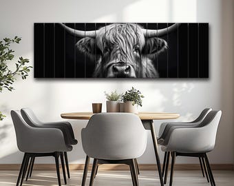 Black And White Highland Cow Print on Natural Wood
