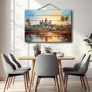 Wood Wall Art - Ancient Khmer Temple Painting Printed on Wood, Angkor Wat Wall Art, Cambodia Wall Art, Wooden Wall Decor, Wood in Interior