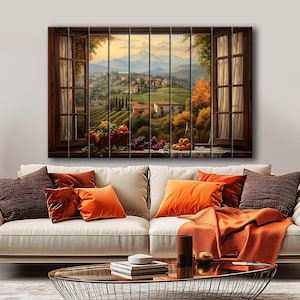 Rustic Wood Wall Art - Open Window with Tuscany View Print on Wood, Tuscany Painting, Winemaker Wall Art, Italian Wall Decor