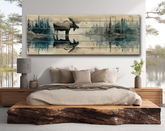 Moose On Lake Print on Natural Wood, Rustic Hunting Wall Art, Vintage Wildlife Distressed Wood Print