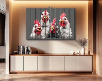 Happy Chickens Wood Print – Whimsical Farm Wall Art