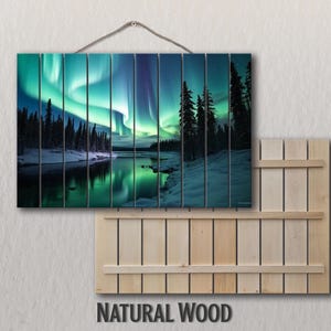 Northern Lights Painting Printed on Wood, Northern Lights Wall Art, Aurora Borealis, Winter Forest in Norway Landscape, Wooden Wall Art