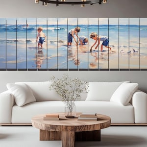 Wood Wall Art - Kids Playing on the Beach Painting Printed on Wood, Large Beach Wall Art, Summer Scene Print on Natural, Sea Vibes Decor