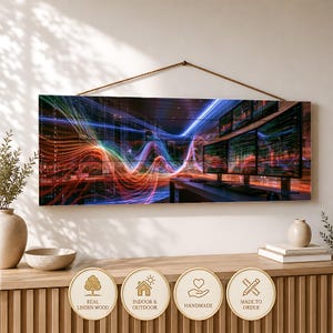 May include: A rectangular wooden wall sign featuring a vibrant, multi-colored light trail graphic over a dark office setting with computer monitors. The sign is suspended by a brown rope and includes four circular icons detailing product features.