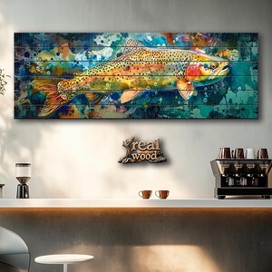 Rustic Wood Wall Art - Rainbow Trout Painting Printed on Wood, Fishing Wall Art, Fisherman Gift, Cozy Cabin Wall Decor, Fishing Lodge Decor