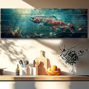 Wood Wall Art - Rainbow Trout Print on Wood, Abstract Fishing Wall Art, Underwater Wall Decor, Fisherman Gift, Fishing Wall Decor