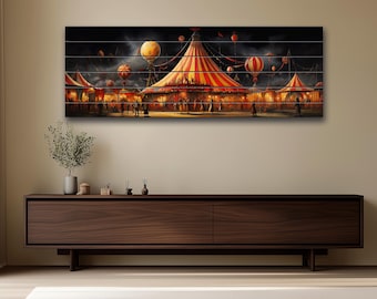 Retro Circus Print On Natural Wood, Circus Wall Art
