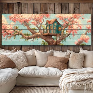 Wood Wall Art - Whimsical Treehouse on Blooming Tree Painting Printed on Natural Wood, Rustic Cabin Wall Decor, Cozy Summer Wall Art