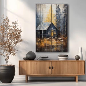 Cabane rustique dans les bois, impression sur bois naturel - Art mural vintage