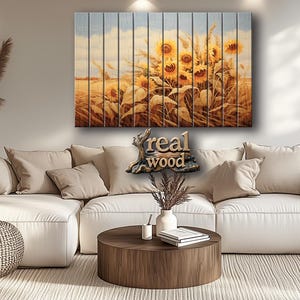 Wood Wall Art - Rustic Sunflowers Print on Wood, Floral Natural Wood Painting, Sunflowers Poster, Rustic Wall Decor, Wood in Interior