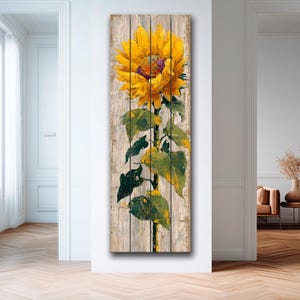 Rustic Sunflower Print on Natural Wood, Cozy Cabin Wall Decor, Wood Wall Art, Sunflower Painting, Vertical Floral Wall Art, Wood in Interior