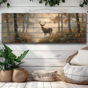 Rustic Wood Wall Art - Majestic Deer in a Misty Enchanted Forest Print on Natural Wood, Soft Tones Deer Wall Art, Hunting Cabin Wall Decor