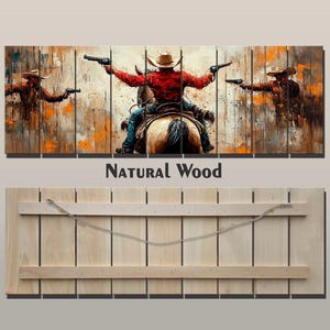Wild West Wall Art - Retro Style Cowboys Painting Printed on Natural Wood, Western Wall Decor, Western Movie Lover Gift, Wild West Print