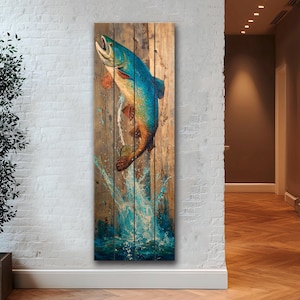 Rustic Wood Wall Art - Trout Painting Print on Wood – Fishing Wall Decor – Leaping Fish Print on Natural Wood