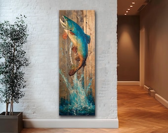 Rustikale Holzkunst - Forelle Gemälde Druck auf Holz – Angeln Wand Dekor – Springender Fisch Druck auf Naturholz