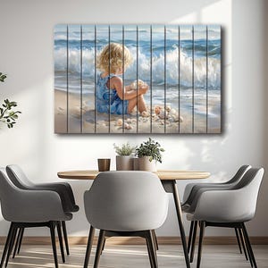 Wood Wall Art - Little Blonde Kid on the Beach Painting Printed on Wood, Abstract Beach Wall Art, Kid Playing with Shells on the Beach Print