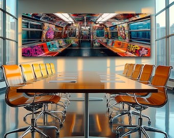 Houten muurkunst - metro in graffiti gedrukt op hout, ondergronds muurdecor, stedelijke straatkunst, metro graffiti schilderij print op hout