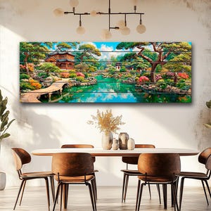 Decoración de pared de madera para jardín chino, pintura al óleo de la pagoda Yuyuan sobre madera auténtica, decoración de puente en zigzag y estanque de carpas koi, lámina rústica de paisaje asiático.