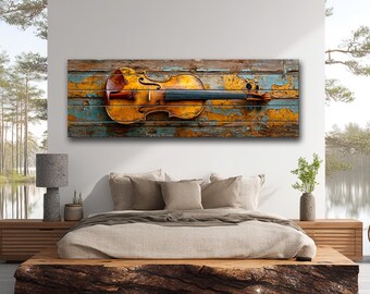 May include: A rectangular wall art print featuring a violin. The violin is a warm, golden-brown color with a black fingerboard, resting on a distressed wooden background with shades of yellow, blue, and brown.
