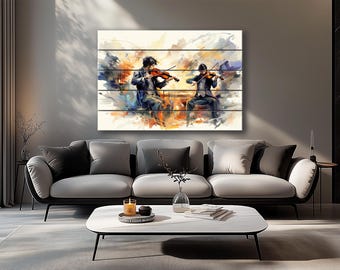 Abstract Violinists Painting Printed on Natural Wood, Classical Music Wall Art