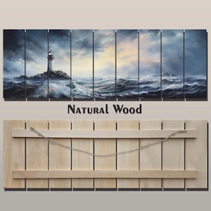 Nautical Wood Wall Art - Scenic Lighthouse in Storm Painting Printed on Wood, Nautical Wall Art, Panoramic Sea Storm, Lighthouse Print