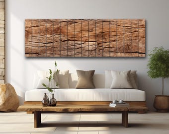May include: A large, rectangular wooden wall art piece with a detailed, textured surface. The artwork is mounted above a white sofa with neutral-colored pillows. A wooden coffee table and potted plant complete the modern living room setting.