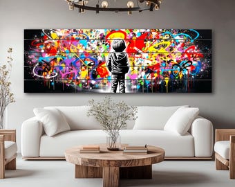 Houten muurkunst - Banksy Style Street Art gedrukt op hout, Urban Street Art muurdecoratie, graffitikunst aan de muur, kleine jongen kleurrijke graffitiprint