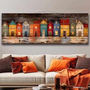 Colorful Houses with Glowing Windows Painting Printed on Natural Wood, Abstract Houses Print, Rustic Wall Art, Cabin Decor, Wood Wall Art