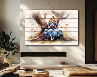 Lámina de Alicia en el País de las Maravillas leyendo un libro, impresa en madera, decoración moderna para la pared de la habitación infantil.