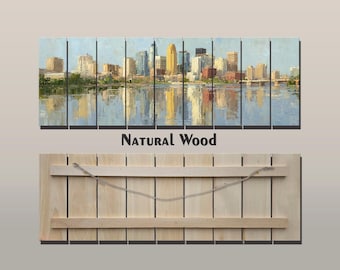 Houten muurkunst - print skyline Minneapolis op natuurlijk hout