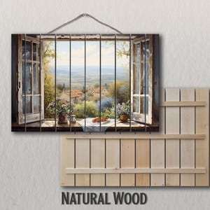 Open Window with Balkan Landscape Print on Wood, Balkan Window View Painting, Balkan Wall Decor, Wood in Interior, Wood Wall Art