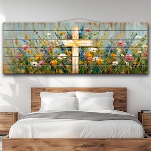Christian Wood Wall Art - Cross Surrounded by Wildflowers Painting Printed on Natural Wood, Rustic Christian Wall Art, Religious Wall Decor