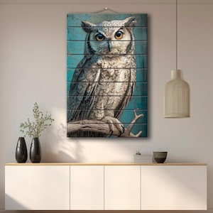 Wood Wall Art - Piercing Owl on Branch Printed on Wood – Rustic Forest Wall Art – Farmhouse Wildlife Decor