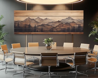 Wood Wall Art - Rustic Mountains Painting Printed on Wood, Soft Tones Mountains Wall Art, Panoramic Mountains Natural Wood Print