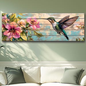 Hummingbird and Tropical Blooms Print on Natural Wood, Birds Wall Art, Hummingbirds Painting, Rustic Botanical Wall Decor, Wood Wall Art