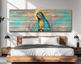 Religious Wood Wall Art - Virgin Mary Print on Natural Wood, Bible Wall Art