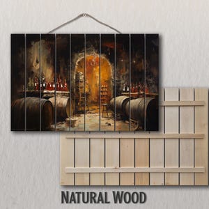 Wood Wall Art - Wine Cellar Painting Printed on Natural Wood, Wine Wall Art, Rustic Winery Wall Decor, Retro Wine Vault Print
