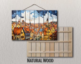 Abstract Rothenburg Print on Natural Wood, German Wall Art