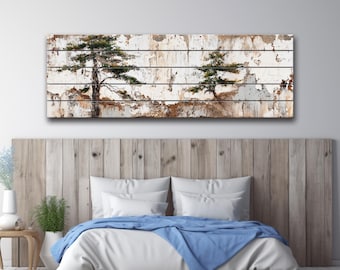 Wabi Sabi Landscape Print on Wood – Rustic Wall Art with Pine Trees