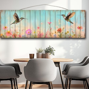Rustic Wood Wall Art - Hummingbirds Around Wildflowers Print on Natural Wood, Birds Wall Art, Hummingbirds Print, Rustic Landscape Print