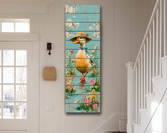 Pato campestre con sombrero estampado en madera – Arte rústico de animales de primavera – Decoración de patos de granja