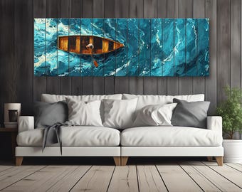 Rowing Boat Print on Natural Wood, Nautical Wall Art