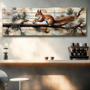 Rustic Wood Wall Art - Squirrel on the Pine Branch Print on Natural Wood, Squirrel Wall Art, Forest Animals Painting, Squirrel Wood Print