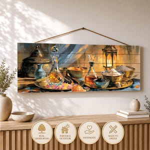 May include: A rectangular wooden wall sign featuring a printed still life painting of glass decanters, metal bowls filled with powders, and a lantern. The artwork is suspended by a brown rope. Four circular icons below display text: Real Linden Wood, Indoor & Outdoor, Handmade, Made to Order.