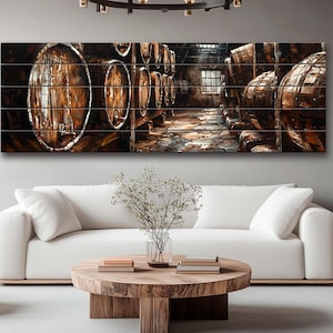 Old Whisky Barrels Painting Printed on Wood, Man Cave Wall Decor, Whiskey Wall Art, Vintage Whiskey Cellar Print on Wood, Wood Wall Art