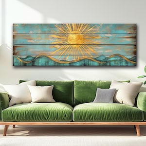Abstract Golden Sun Over Turquoise Waves Print on Natural Wood, Boho Sunrise Print, Rustic Sun Painting, Boho Wall Decor, Wood in Interior
