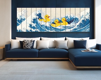 Rubber Ducks on The Great Wave off Kanagawa Print on Natural Wood